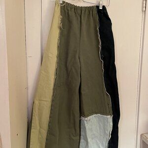 CRAZY Distressed Patchwork Elastic Waist Wide Leg Flare Pants